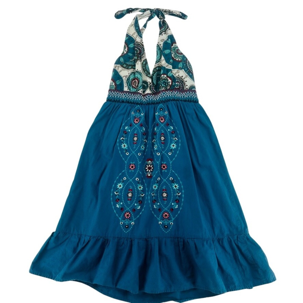 Charlotte Russe Teal Embroidered Halter Dress Boho Size S